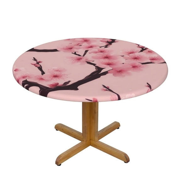 Cherry Blossom Round Fitted Tablecloths Table Covers Wipeable Waterproof Elastic for Kitchen Dinning Parties Wedding Picnic Small Fits 40-44 Inch Table Size