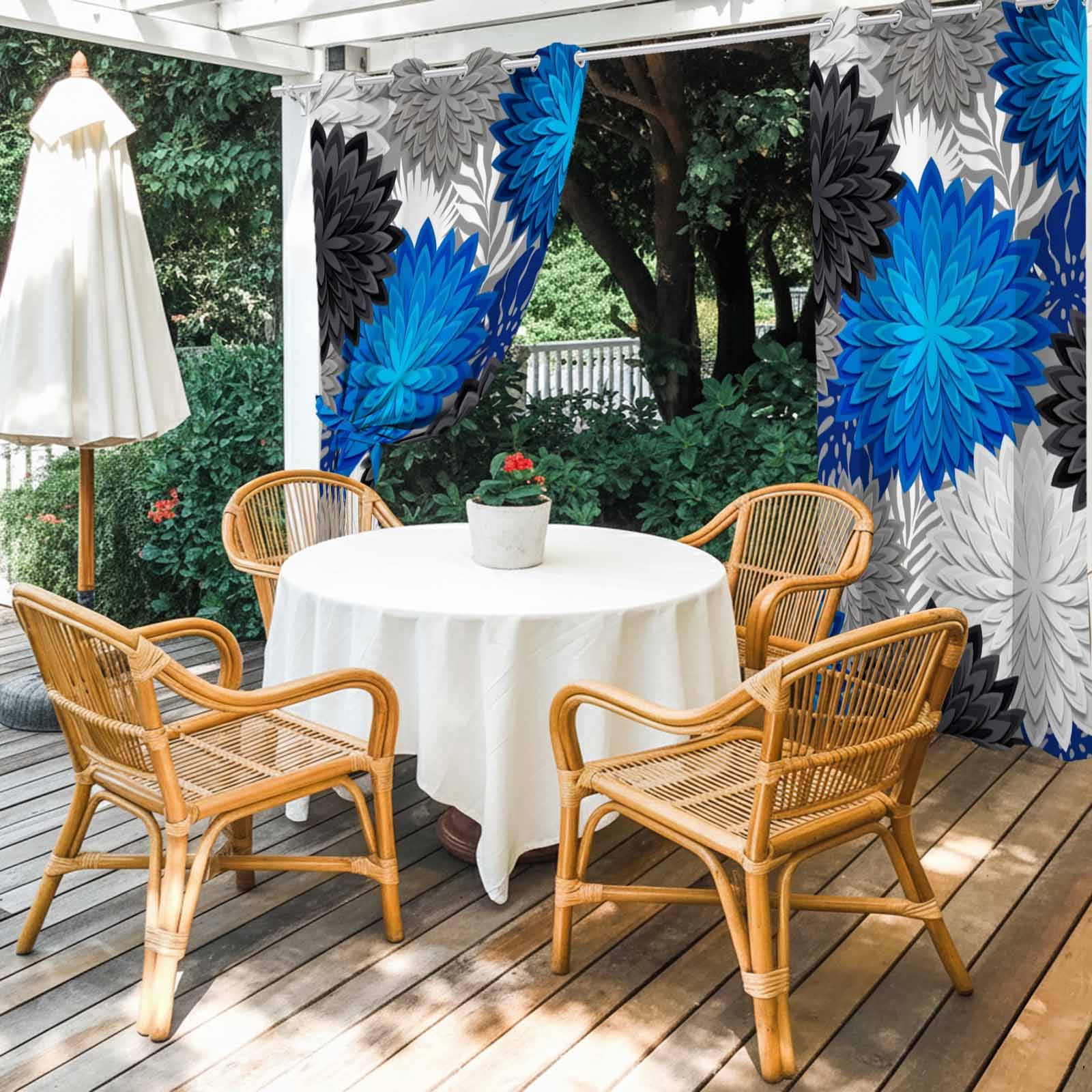 Blue Flower Bloom Outdoor Curtains for Patio, Modern Abstract Minimalist Black and White Floral Sunshade Privacy Drapes Grommet Waterproof Outside Curtains for Porch/Cabana/Balcony 54"x 108", 1 Panel