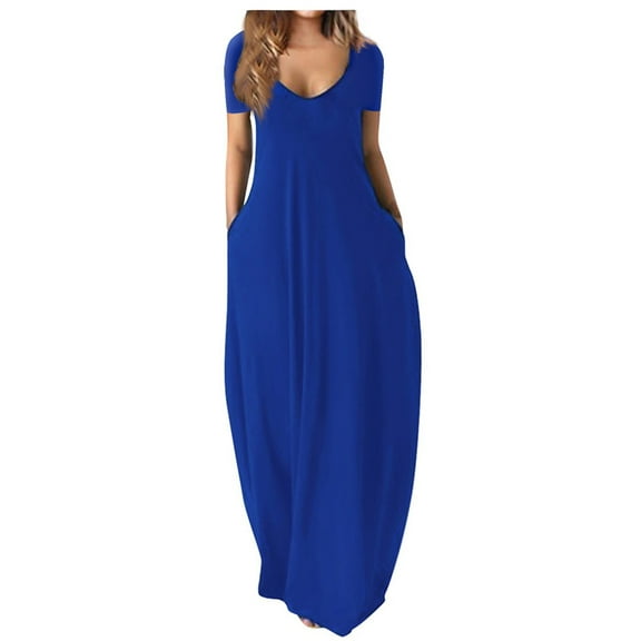 Lenago Women's Summer Dress Plus Size Deep V-Neck Standard-Fit Short Sleeve Solid Maxi Party Dress Beach Formal Blue Dress
