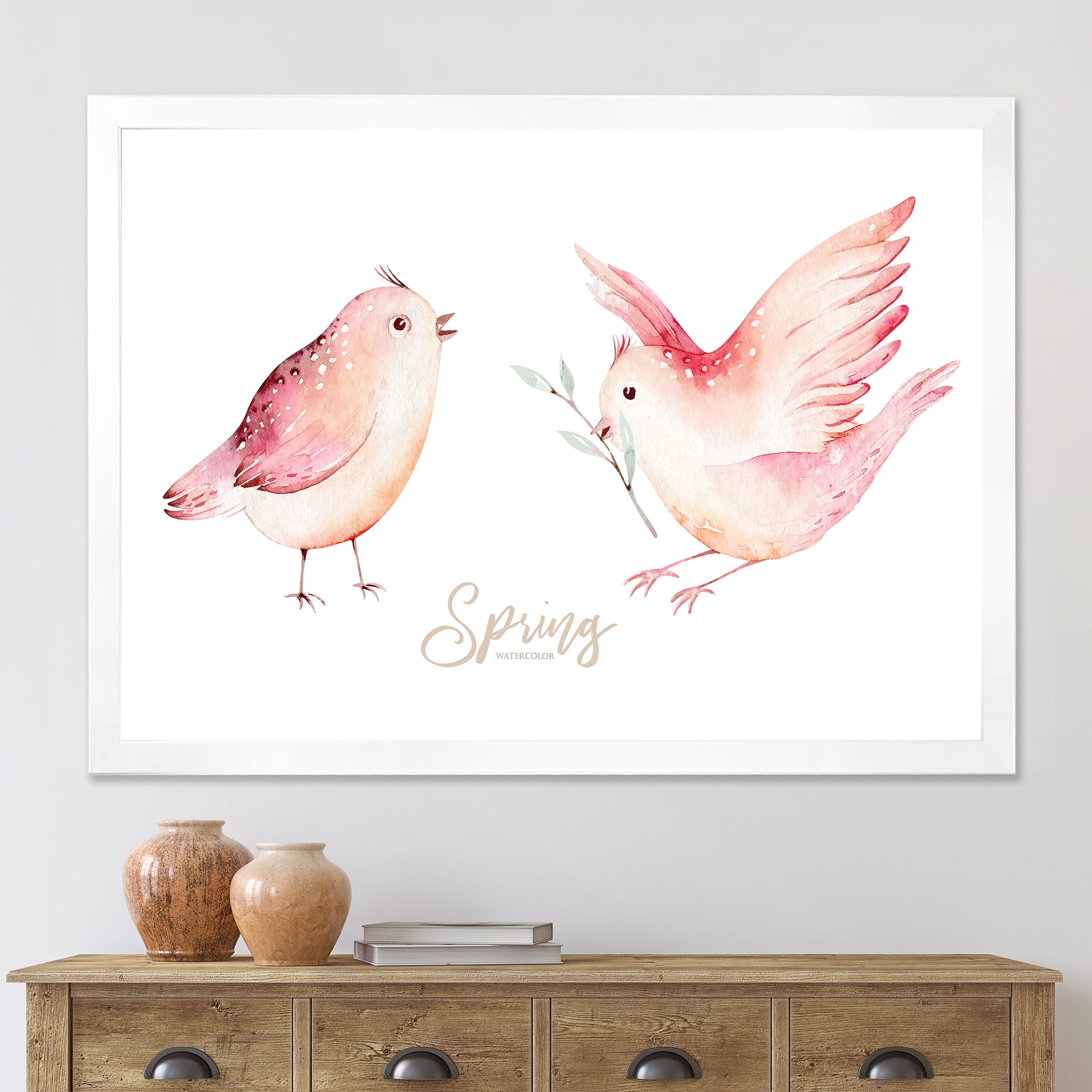Spring Bird With Green Leaves On White 40 in x 30 in Framed Painting Canvas Art Print, by Designart
