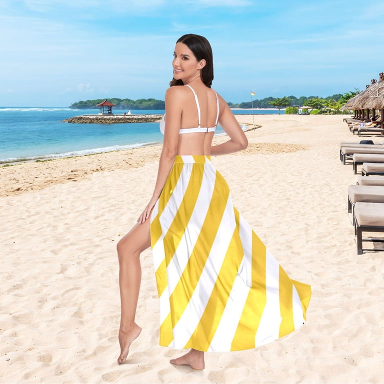 LIAHCC Yellow-white Diagonal Stripes Women's Swimwear Cover Ups Strappy Beach Dress Sarong Wrap M, Size: Medium