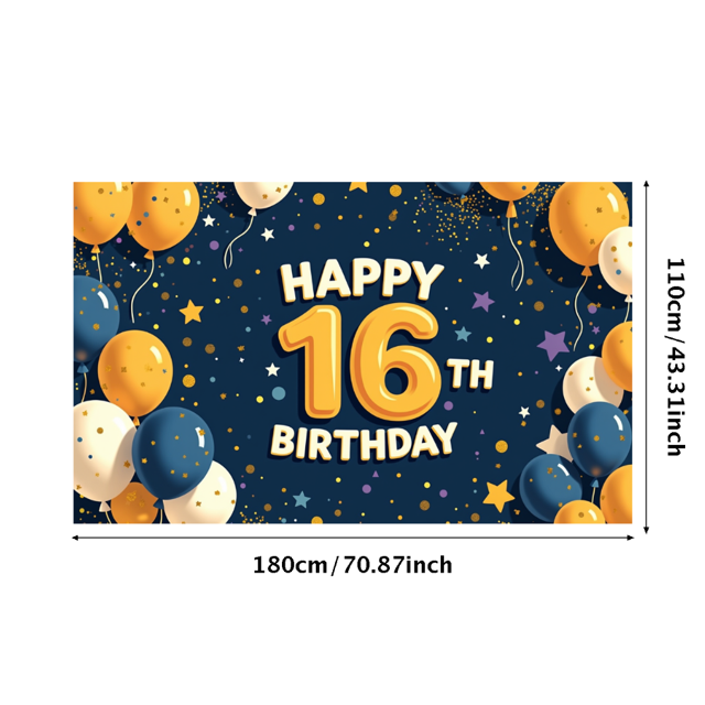 Blue Backdrop Happy 16th Birthday Banner with Balloons Stars and Hearts Party Decors Photography Props for Birthday Party Celebration Photo Booth Setup