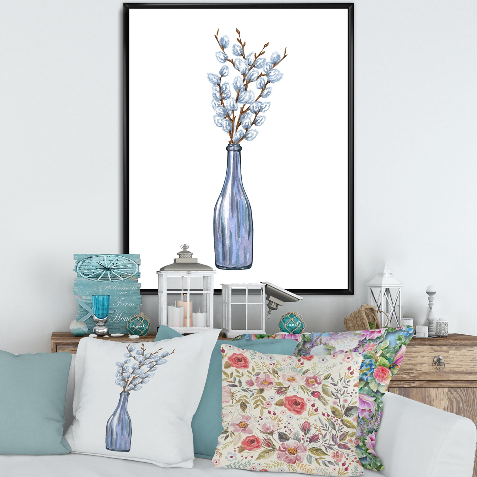 Designart 'Bunch of White Pussy Willow Twigs II' Farmhouse Framed Canvas Wall Art Print
