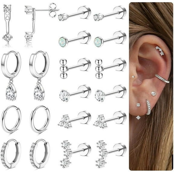 Hypoallergenic Flat Back Earrings Gold Cartilage Earring Sets for Multiple Piercing 20G Surgical Stainless Steel Earrings for Women Trendy Earring Stacks Small Hoop Flatback Stud Earrings