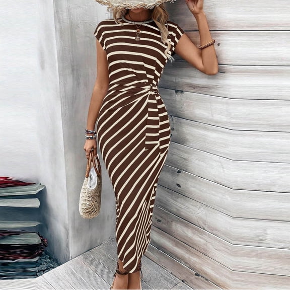 Bnwani Maxi Dresses for Women,Women's Dresses,Crew Neck,Striped,Drawstring,Casual,Coffee,S