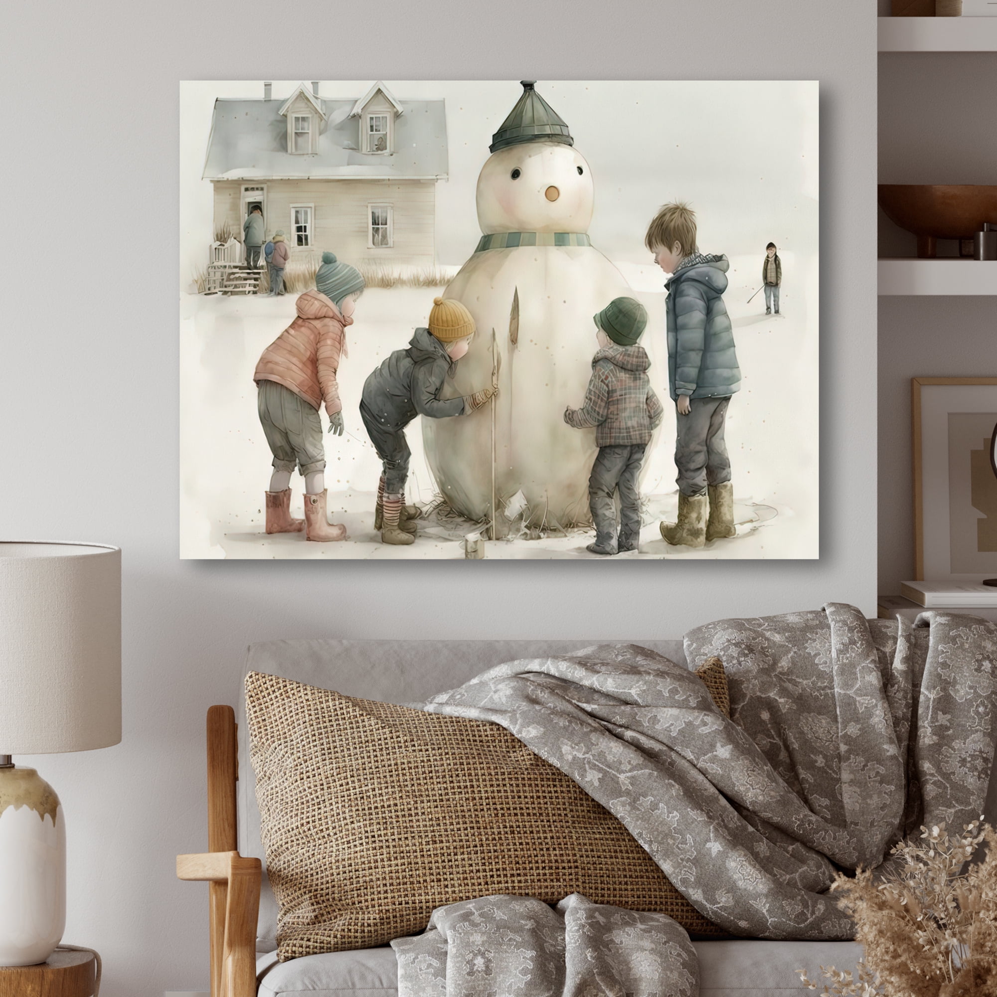 Designart Kids Building A Huge Snowman I Canvas Wall Art
