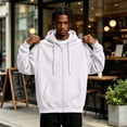 thumbnail image 5 of Mens Zip Up Hoodies Oversized Fleece Long Sleeve Drop Shoulder Hooded Sweatshirt Trendy Vintage Streetwear White L, 5 of 9