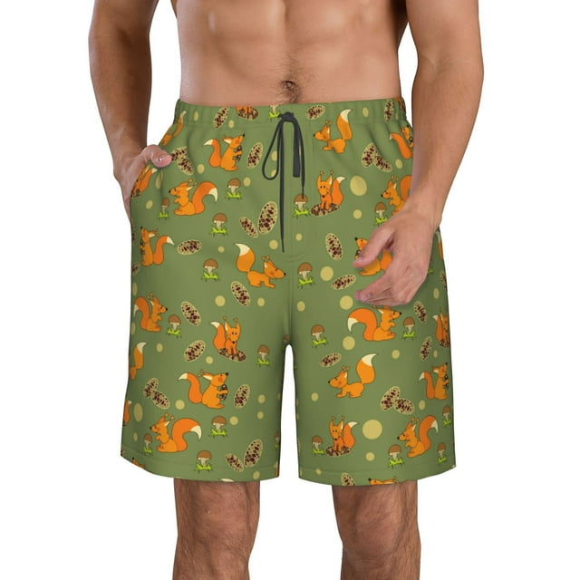 Sikiie Squirrel And Nuts Print Men's Beach Shorts, High Elastic Quick-drying Shorts - with Drawstring and Slip Pockets, Suitable for Beach, Sports, Vacation-Medium