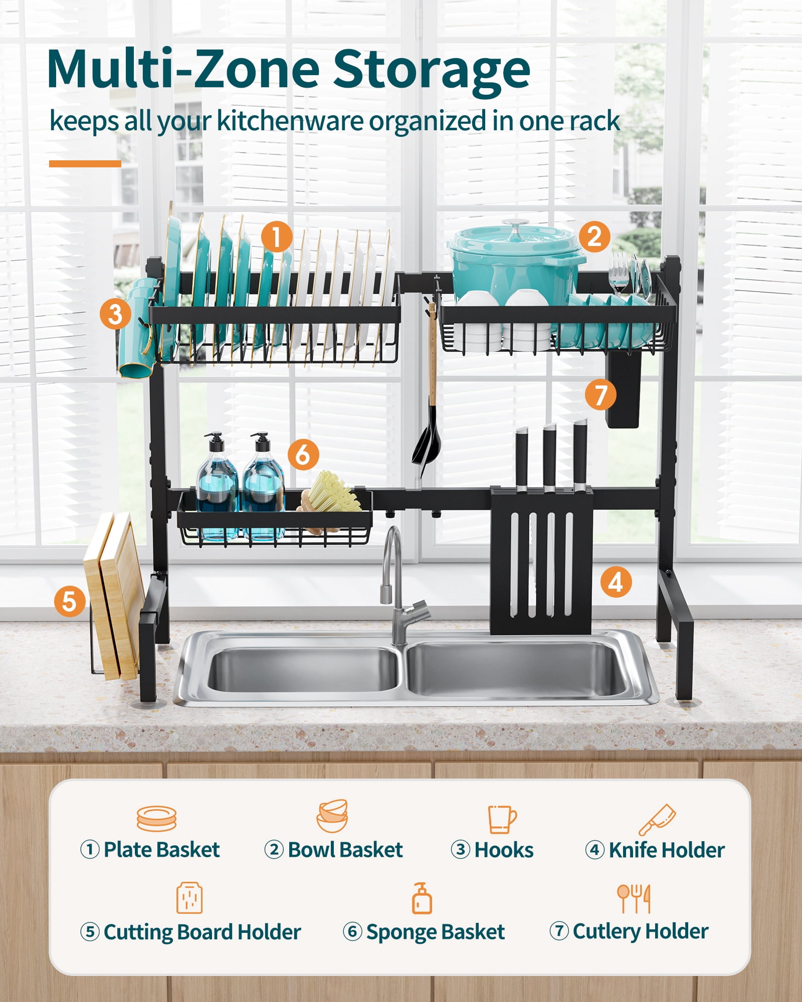 Sakugi Over The Sink Dish Drying Rack, 30" -33.9" L x 11" W x 21" H Expandable Dish Drainer, Stainless Steel Dish Rack, Black