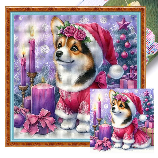 Hilo Algodón Ecológico Bordado Punto Cruz Corgi Navideño Con 11CT 50x50cm
