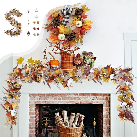 Herunwer Halloween Thanksgiving Decorations Artificial Leaf Garland Rattan Hanging Pumpkin Maple Leaf Garland Indoor Home Halloween Christmas Party Fireplace Decorations