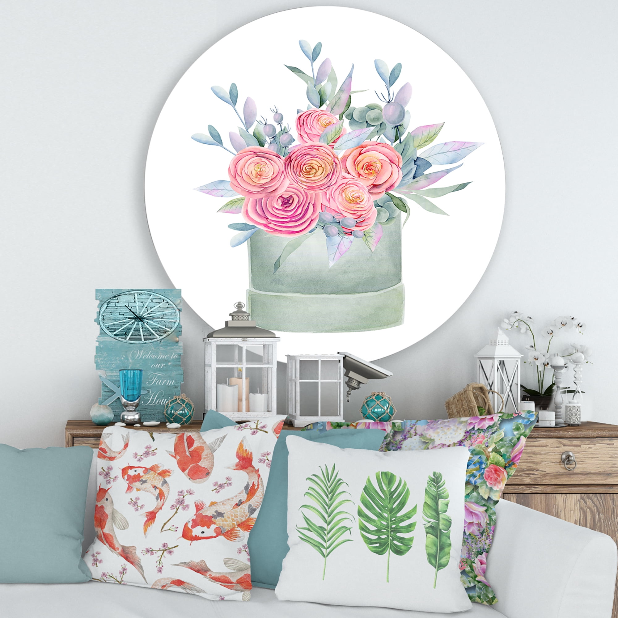 Designart 'Pink Roses With Gift Box' Farmhouse Circle Metal Wall Art 29x29 - Disc of 29