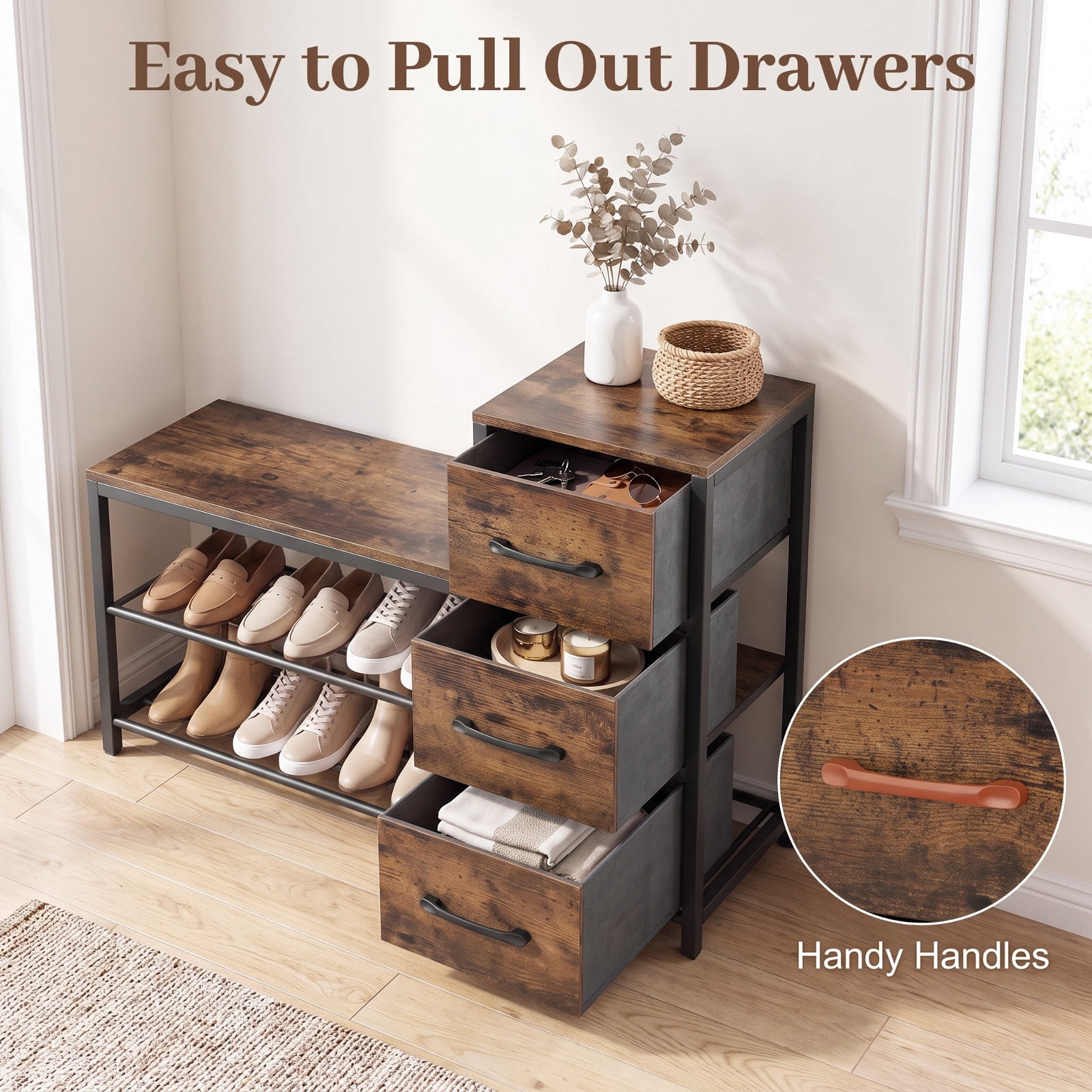 Furnibear 3 Tier Industrial Shoe Bench with 3 Removable Fabric Drawers and Anti Toppling Kits for Entryway Shoe Storage, Rustic Brown