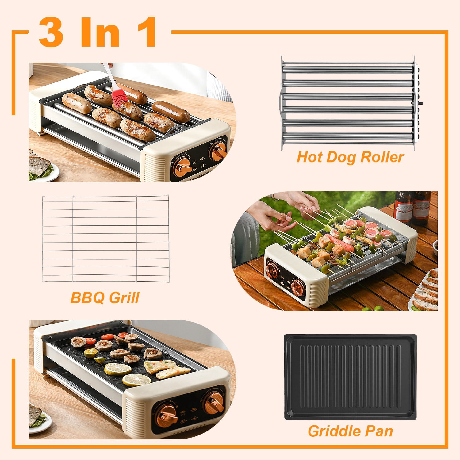 Imountek Electric Hot Dog Roller with Grill & Griddle, 3 in 1 Smokeless Indoor Grill 6-Roller Non-Stick 3 Temp Levels for Indoor BBQ