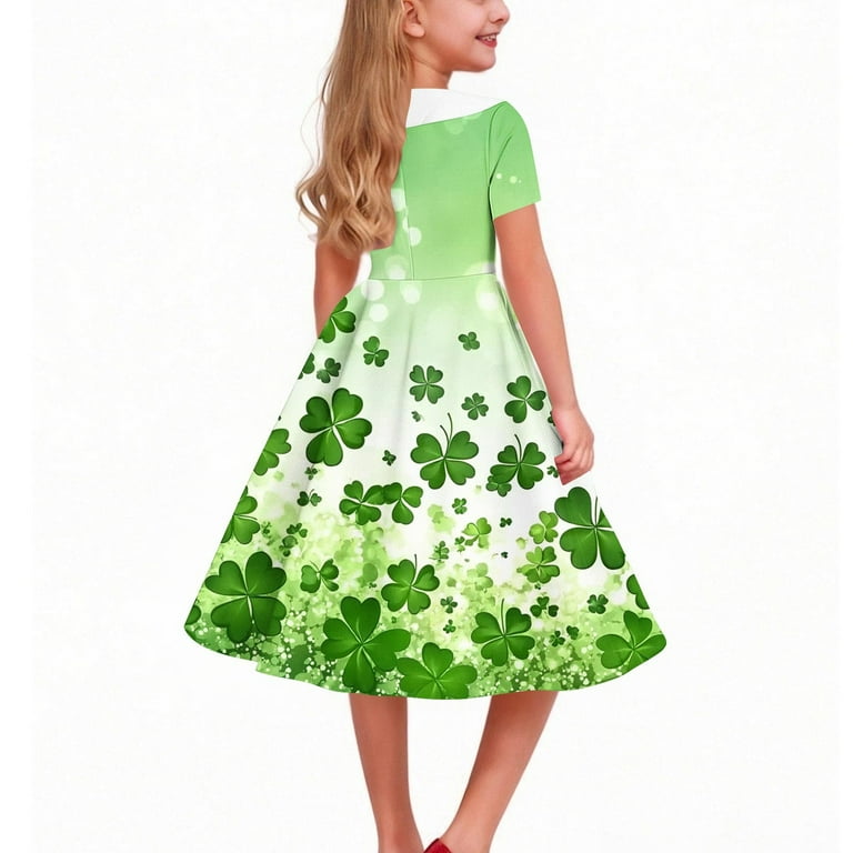 hengsof Green Shamrock Print Collared Dress for Girls, Short Sleeve A Line  Party Gown with Detachable Belt, St Patricks Day Celebration Outfit, Size  ...