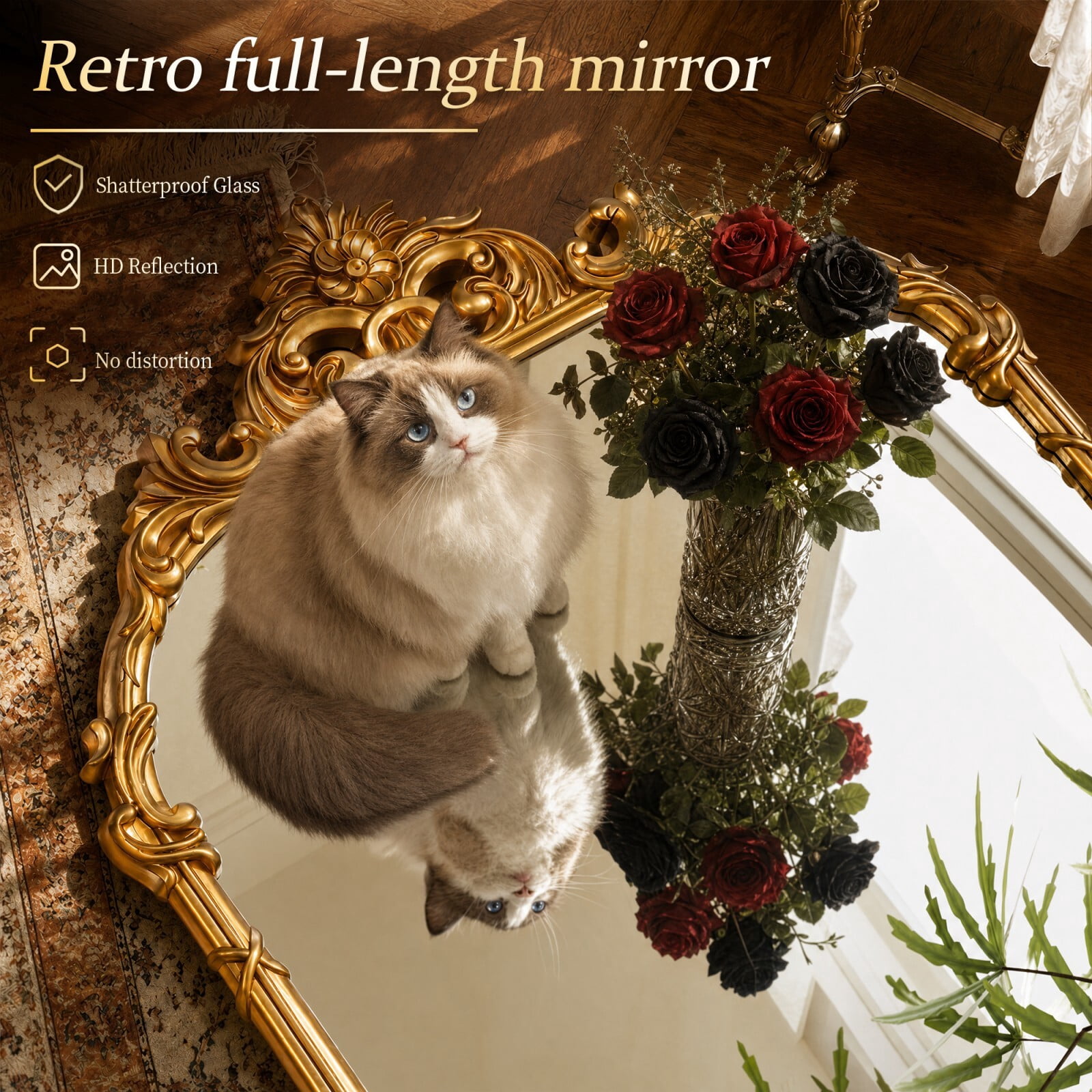Easy4Home 69"x28" Arched Full-Length Floor Mirror Baroque Scroll Carved Standing Mirror, Bright Gold