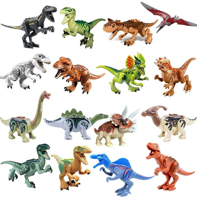 juego de dinosaurios Toy Jurassic World con 16 piezas para niños de más de 3 años, set multicolor de 16 figuras de plástico que incluye raptors, triceratops, braquiosaurio, pterodáctilo y varios terópodos con detalles moldeados y pintura; disposición sobre fondo blanco, uso con supervisión adulta; también apto para exhibición de colecciones infantiles.