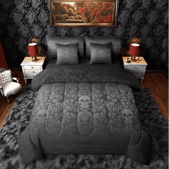 Damask Gothic Bedding Set Adults Antique Victorian Bed in a Bag King Size Comforter Set 7 Pieces,Black Gray Sugar Skull Sheet Set Vintage Floral Goth Bed Set,Exotic Bone Skeleton Bohemian Decor