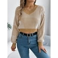 thumbnail image 6 of Women'S Cropped Sweater V-Neck Long Sleeve Crop Sweater Pullover Jumper Knit Top Khaki XL, 6 of 8