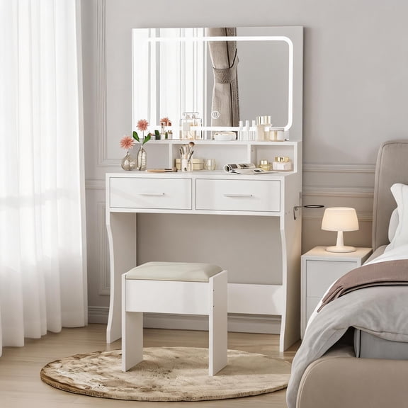 Vanity Desk with Lighted Mirror, 3-Color LED, Charging Station, Drawers, Shelves and Stool
