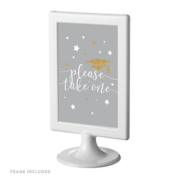 Gray and Gold Glittering Graduation Party Sign, Double-Sided 4x6-inch, Please Take One, Includes Reusable Frame
