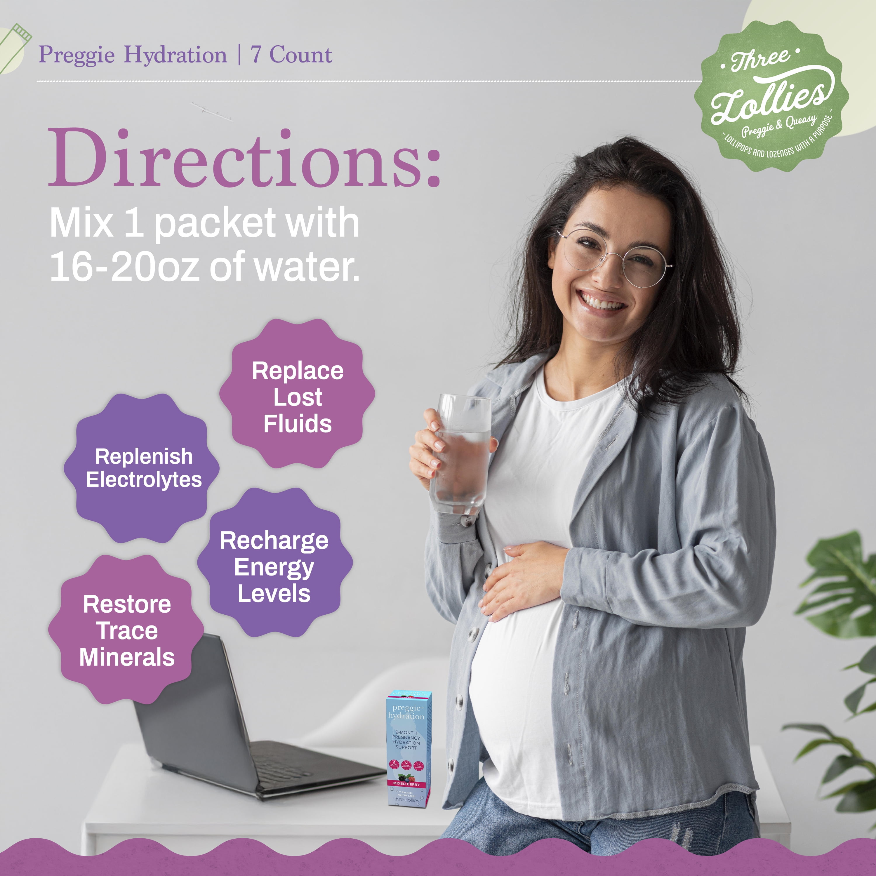 Three Lollies Preggie Hydration Packets - Natural Hydration & Digestive Health Support for Women During Pregnancy - Eases Nausea & Replaces Nutrients - Essentials for Morning Sickness - 7 Packets