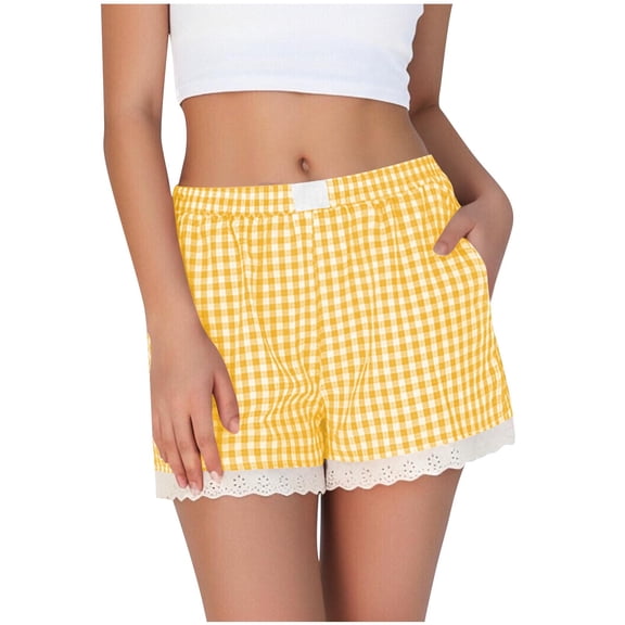 Dagugfen Womens Pajama Shorts Elastic Waist Plaid Casual Sleep Wear Casual Short Pants Solid Color