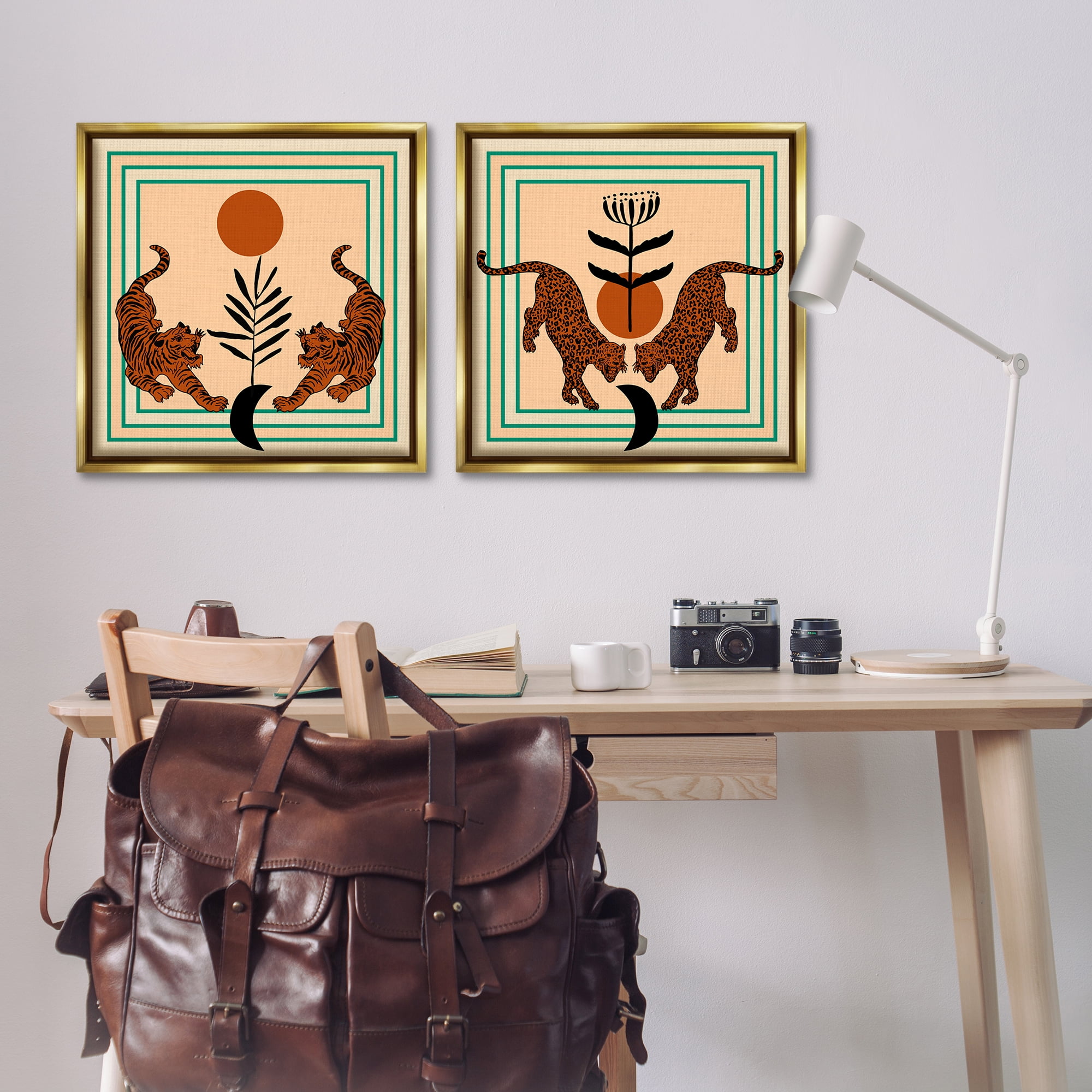 Stupell Industries Boho Symmetrical Wild Cats Animals Painting Gold Floater Framed Canvas Art Print Wall Art, 25 x 25, Set of 2