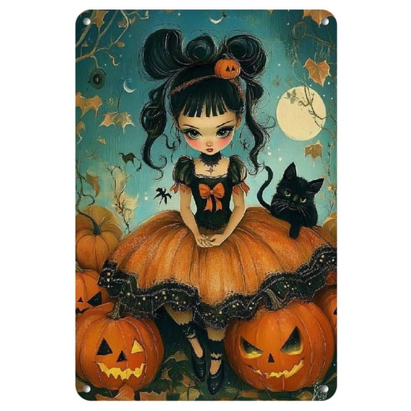 Charming Pumpkin Girl Vintage Metal Tin Sign - Rustic Iron Wall Art, 8x12 Inches, Ideal for Halloween Decor & More - Waterproof & Durable, Easy Install