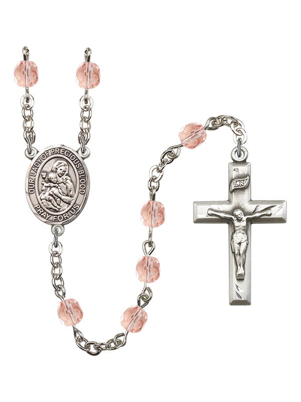 Silver Finish Our Lady of the Precious Blood Rosary with 6mm Garnet Color Fire Polished Beads and 1 3/8 x 3/4 inch Crucifix Gift Boxed Our Lady of the Precious Blood Center