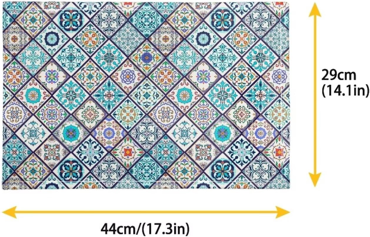 Durable Boho Placemats Set of 4, Dining Table Woven linen Placemat Wipeable Easy to Clean Oil-Proof Non-Slip Tablemats for Kitchen, Bohemian Style Blue