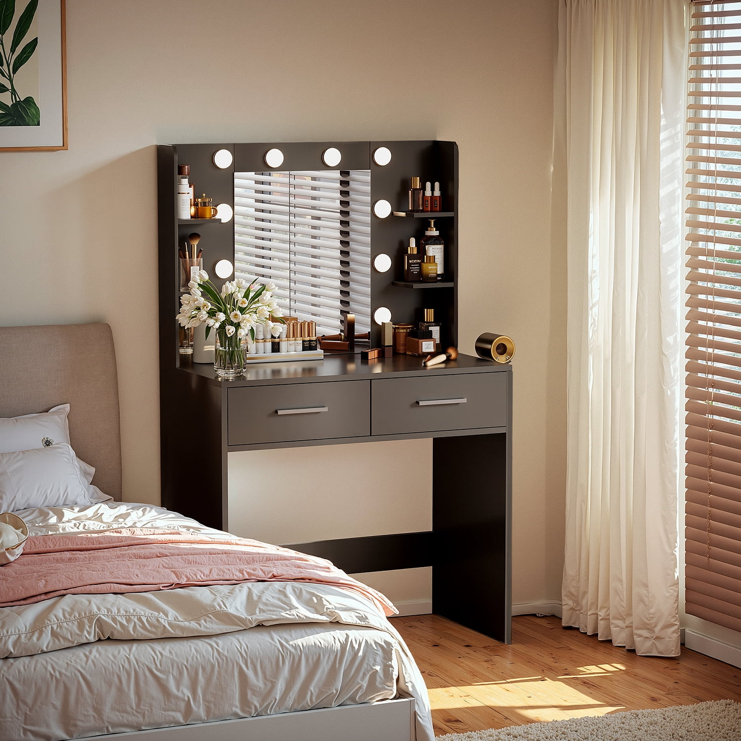 Vineego Makeup Vanity Desk with Lighted Mirror & Power Outlet, Makeup Vanity with 2 Drawers,Black