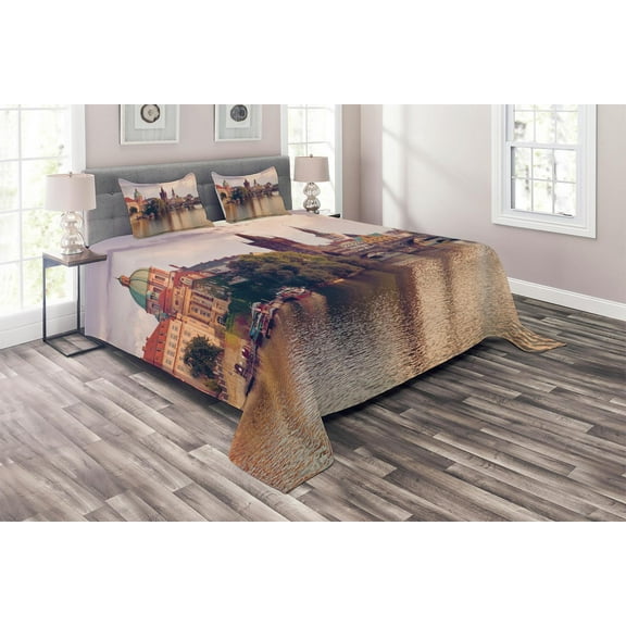 Ambesonne City Quilted Coverlet 3 Pcs, Prague River and Bridge, King Size, Multicolor