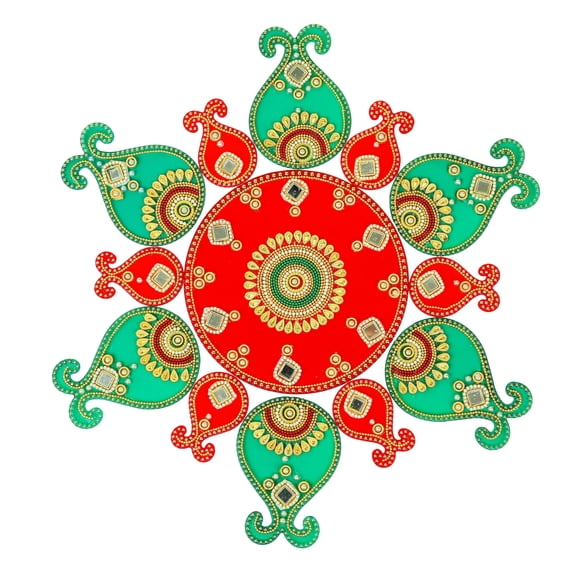 Designer Floor Rangoli Reusable Round Rangoli Acrylic Rangoli Indian Traditional Home Floor Decor Gift for Home Interior Floor Festival New year Gifts Decorations and Gifting(Size:-14")(Red & Green)