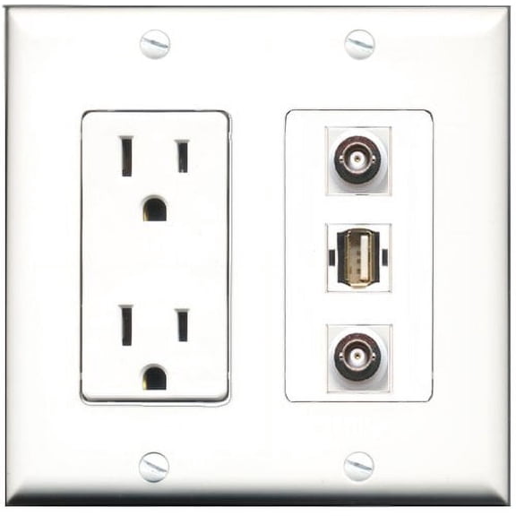 RiteAV - 15 Amp Power Outlet 1 Port USB A-A 2 Port BNC Decorative Wall Plate