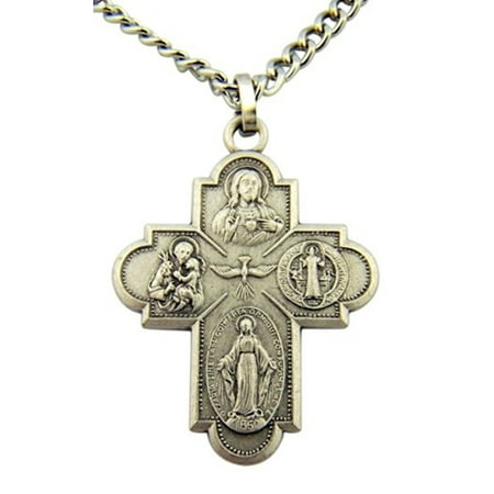 - French Nickel Silver Four Way Cross Crucifix Medal Pendant, 1 3/8 Inch