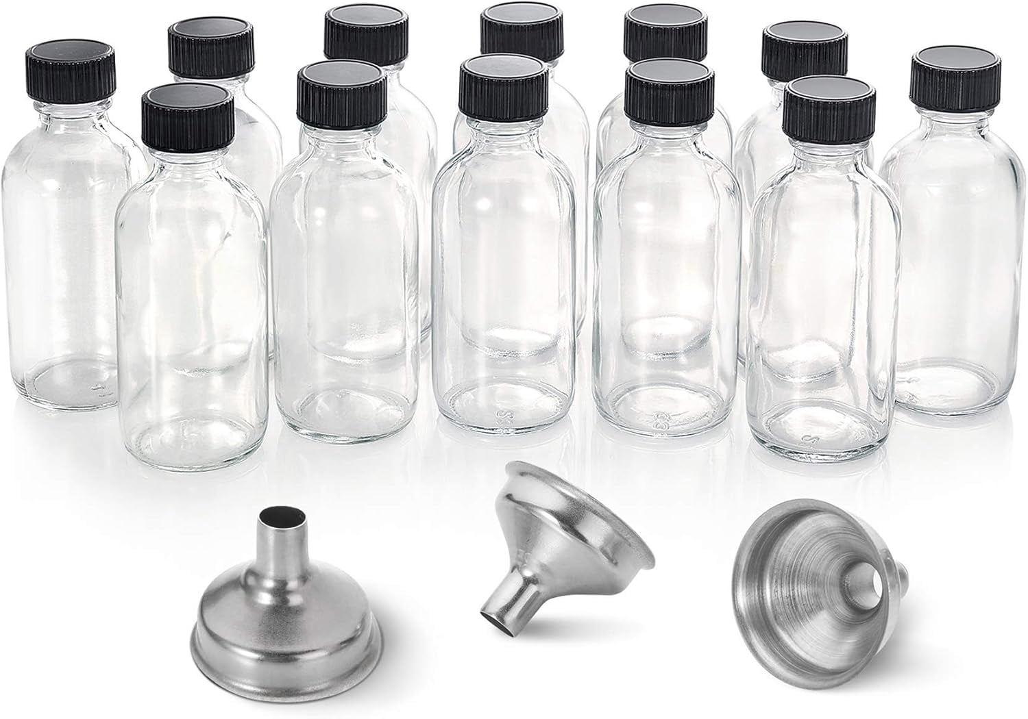 AP 24 Pack, 2 oz Small Clear Glass Bottles w/ Lid & 6 Stainless Steel Funnels-60ml Boston Sample Bottles-Mini Travel Essential or Decorative Bottles for Potion, Juice, Wellness, Ginger Shots, Whiskey