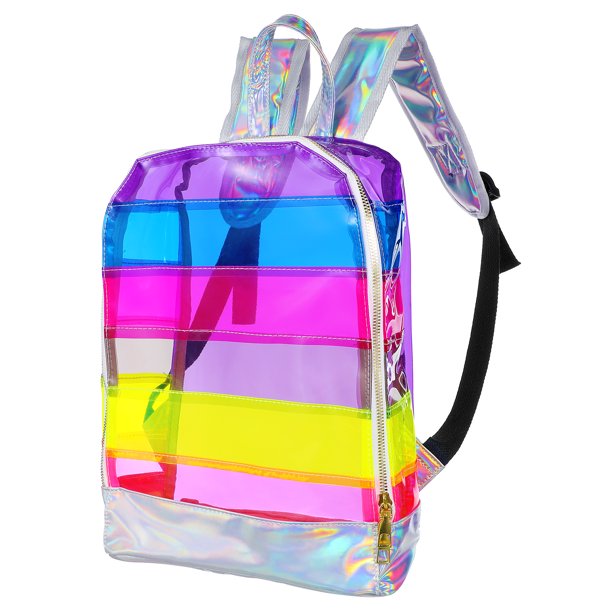 Mochila morada brillante con rayas transparentes, diseño de arcoíris colorido, adorable mochila escolar de PVC de gran capacidad a la moda.