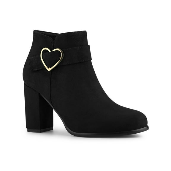 BLISSFUL STEP Women's Boots Heart Buckle Side Zip Block Heels Ankle Boots Black 6