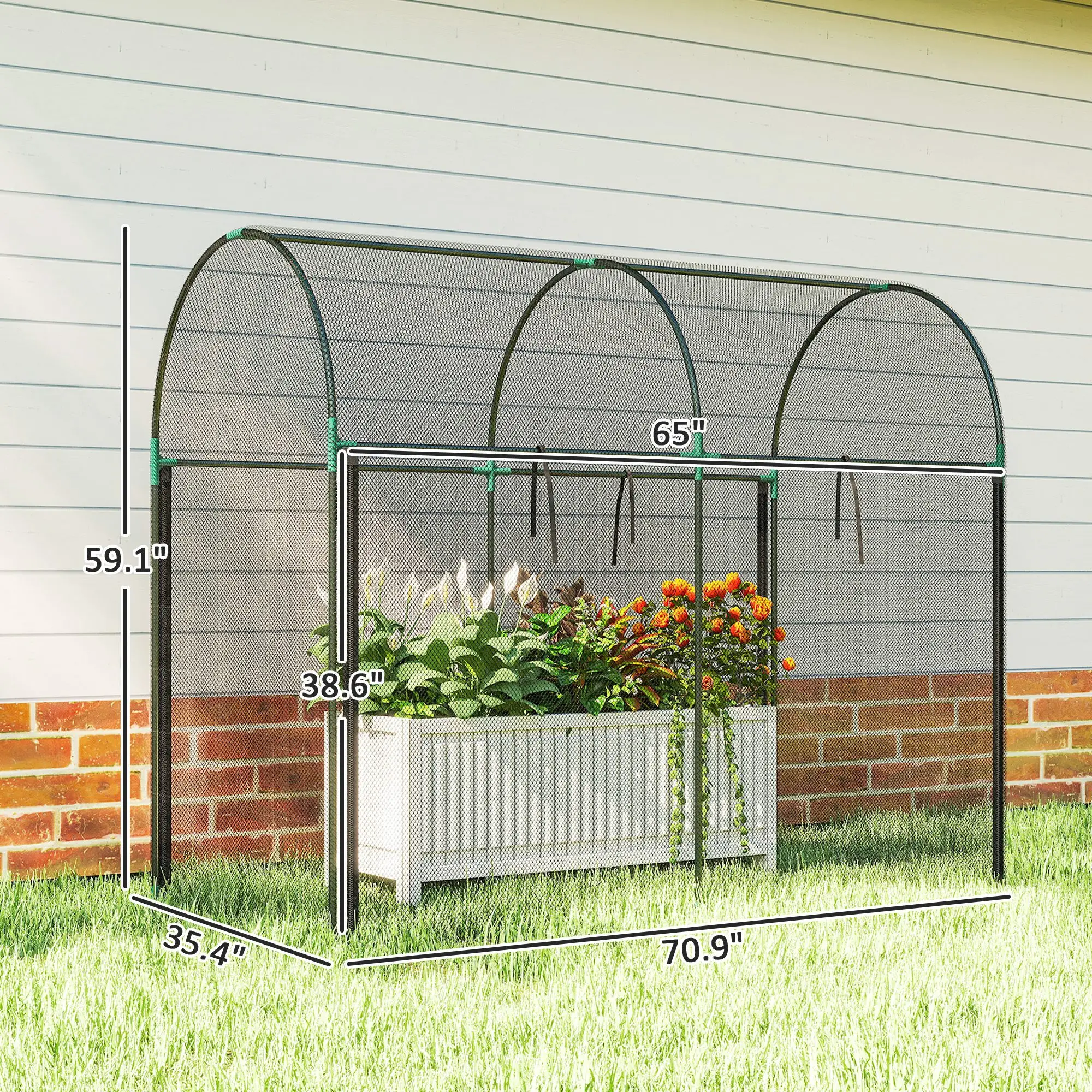 Plant Protector Crop Cage, HDPE Mesh Cover, Powder-Coated Steel Frame, Roll-Up Zippered Door, with U-Shaped Stakes for Vegetables & Climbing Crops
