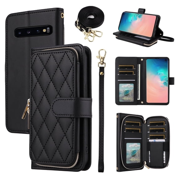Furiet Wallet Case for Samsung Galaxy S10 Plus with Wrist Strap, Crossbody Shoulder Strap, Luxury PU Leather Stand Cell Phone Cover with 9 Card Slotsfor S10 S10plus 10S Edge S 10 10plus Women Black