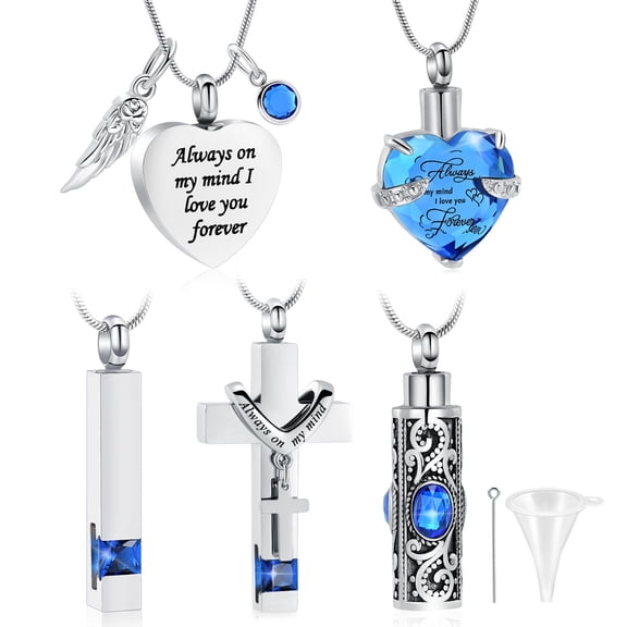 5 PCS Cremation Jewelry for Ashes - Birthstone Urn Necklace for Ashes Heart / Bar / Cross Cremation Necklace with Crystal Memorial Pendant Necklace for Women Men