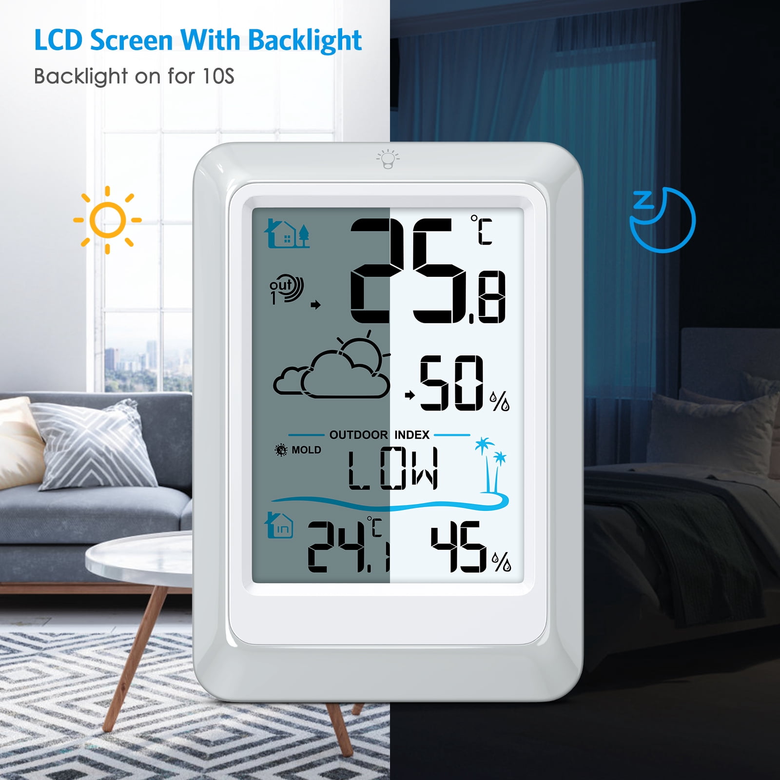 Weather Station, AMIR Indoor Thermometer Outdoor Thermometer with 330ft Remote Sensor Humidity Gauge for Home Greenhouse Office
