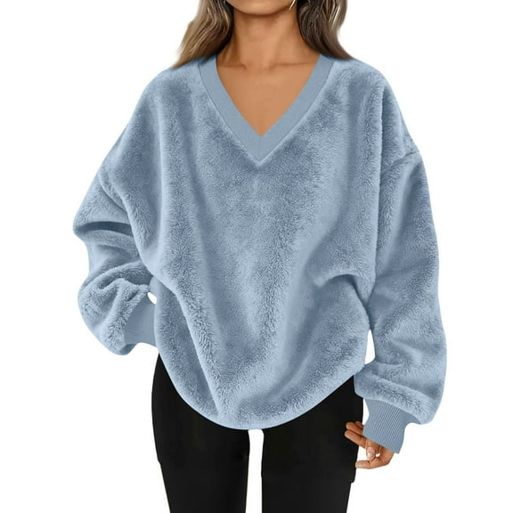 UTSJKR Womens Sweatshirt Double Fuzzy Fleece Soft Winter V Neck Pullover Hoodie Long Sleeve with Pockets Cozy Casual Tops Blue XL