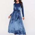 thumbnail image 2 of Women's Solid Color Round Neck Long Sleeve Belt Zipper Velvet Gown Long Dress, 2 of 2