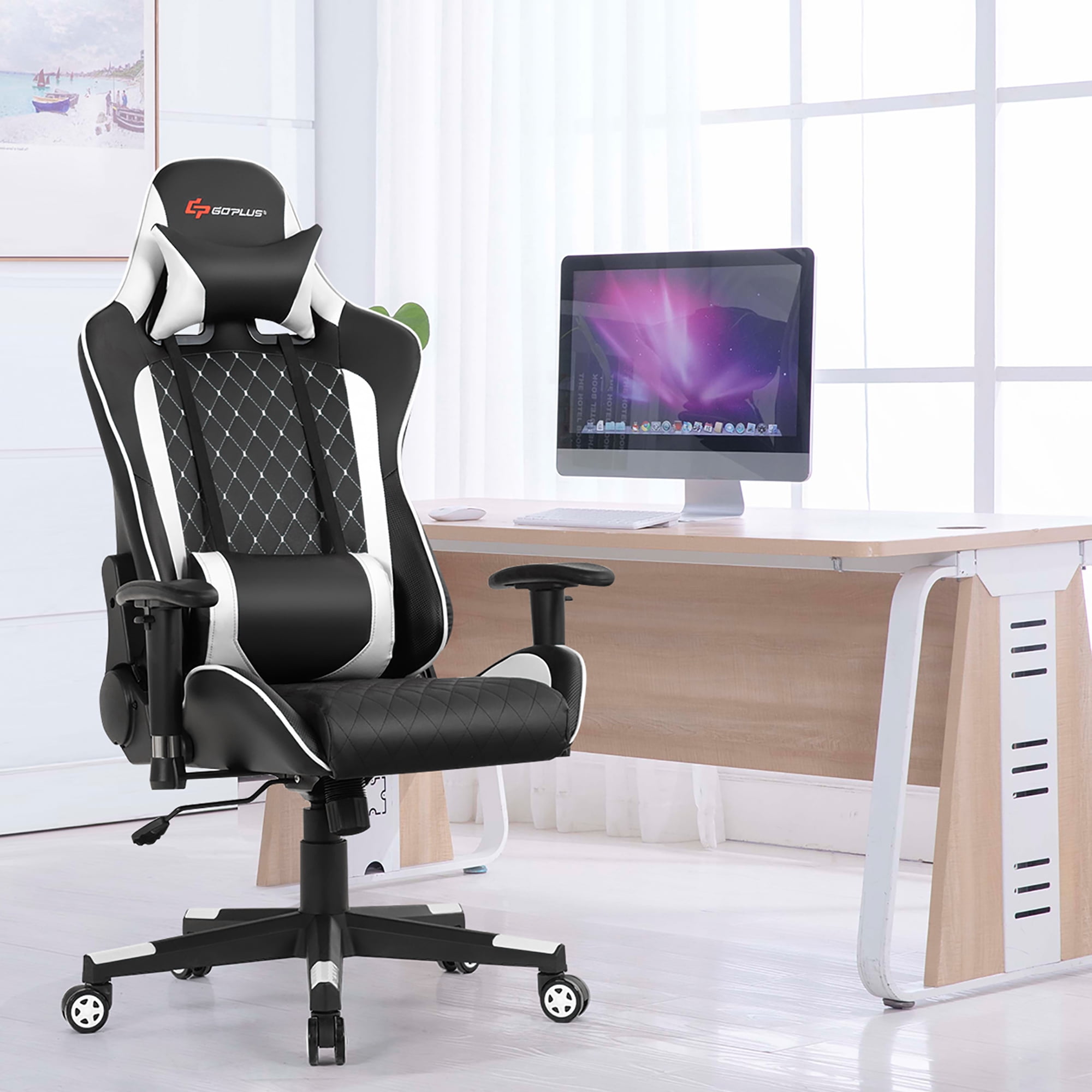 Goplus Massage Gaming Chair Reclining Racing Chair w/Lumbar Support and Headrest White