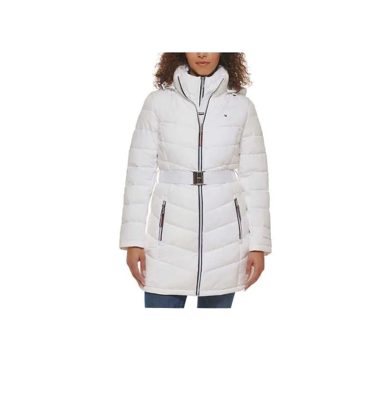 undskylde Fest tillykke Tommy Hilfiger Ladies Women Belted Puffer Coat Jacket with Hood Logo,  White, X-Small - Walmart.com