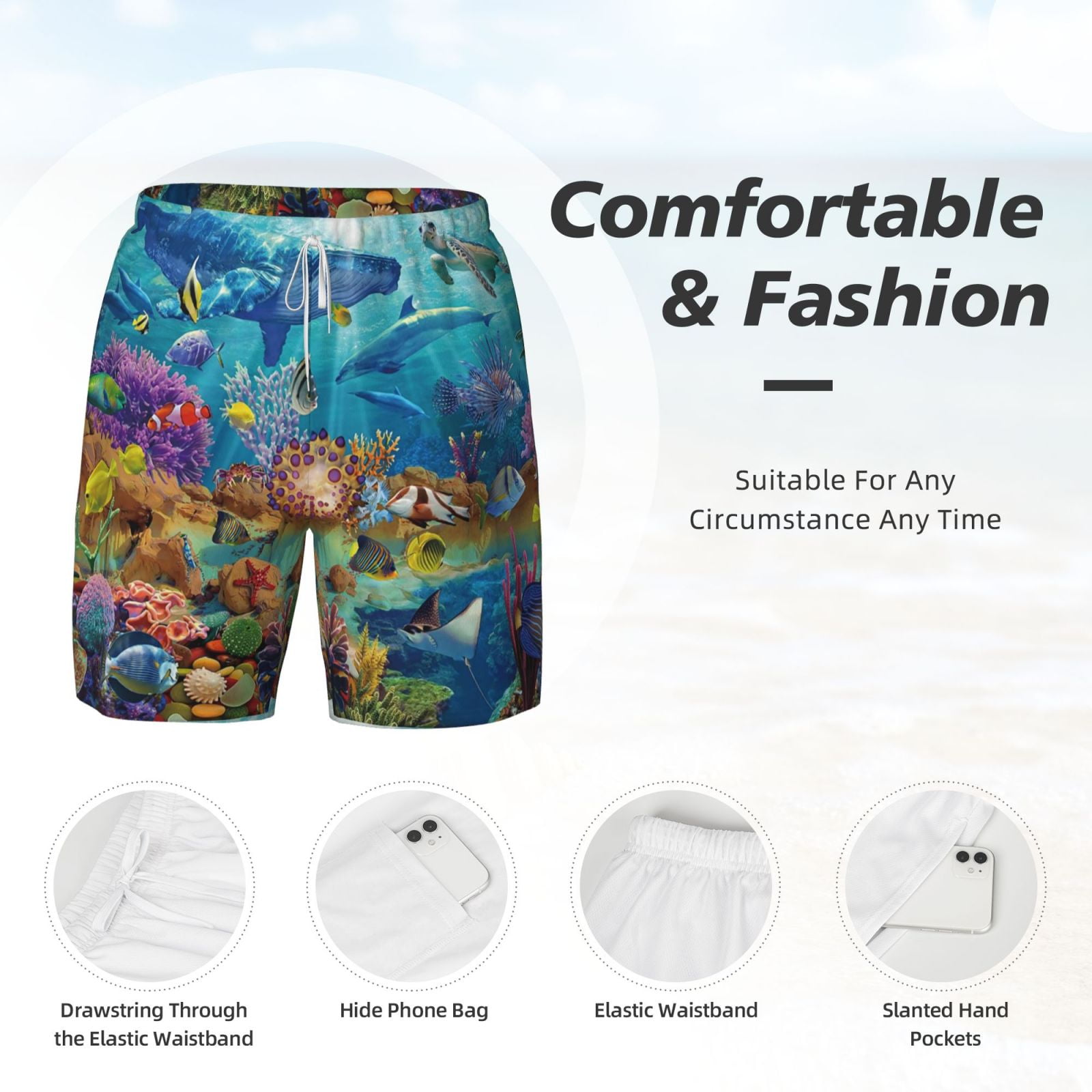 Xecao Sea World for Men's Swimming Trunks Swim Trunks Quick Dry Swim Shorts with Mesh Lining Funny Swimwear Bathing Suits