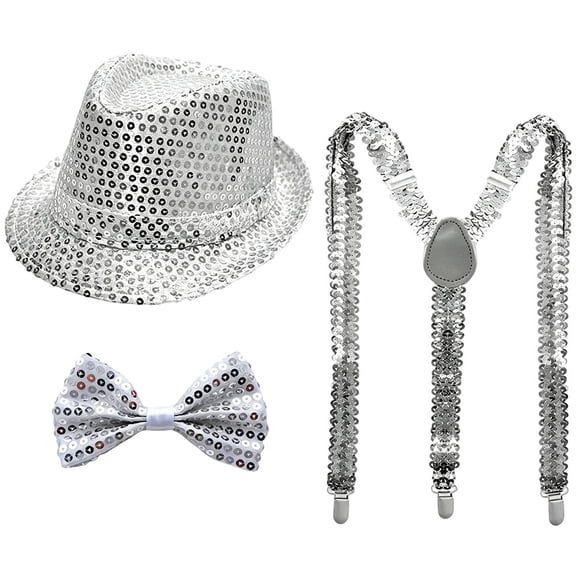 Byfri Silver Sequin Fedora Hat Set with Suspenders Bow Tie, Sparkly Party Outfit for Men Women, Silver 60cm