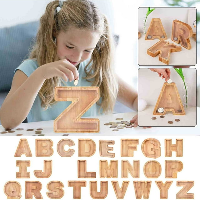 Caja de dinero personalizada de madera con nombre | Banco de Depósito en Forma de Letra | Madera natural, ventana acrílica, alfabeto inglés personalizado | Regalo único, decoración del hogar